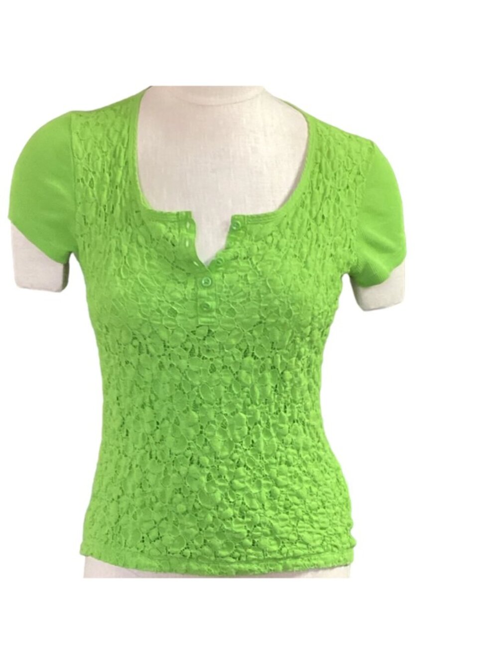 Jones New‎ York Lace Front Button Short Sleeve Henley Top S Green #79B